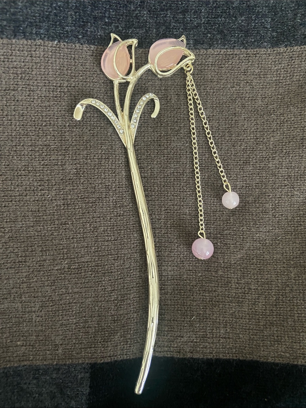Y2k Fairycore Gold-Tone Rose Quartz Pink Floral Dangle Hair Stick